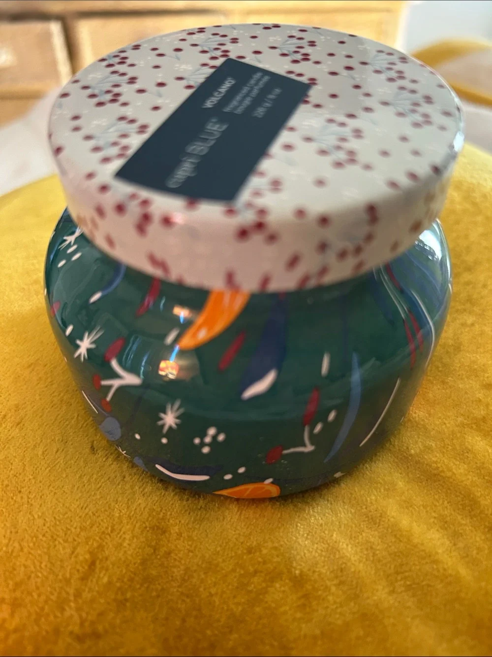 Decorative Green Glass Jar Candle with Citrus & Berry Motif By Volcano